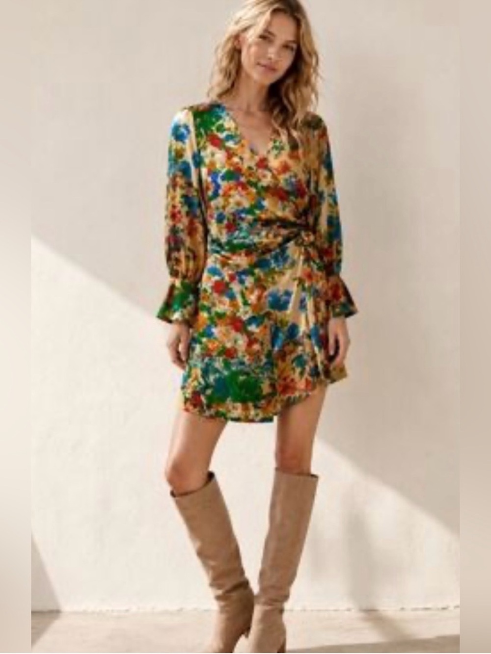 Zara Floral Wrap Mini Dress in Green, Blue, Red